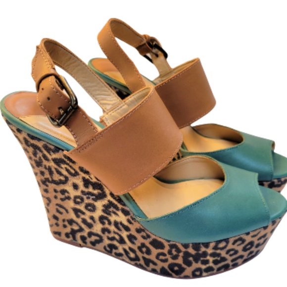 Nine West Shoes - NINE WEST Peep Toe Sandals Teal and Camel Colored with Leopard Print Wedge Heels